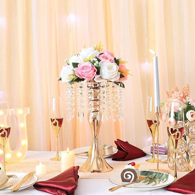 LANLONG Wedding Centerpieces for Tables, 12.99in Metal Gold Vases for Centerpieces, 10PcsTall Crystal Flower Stand for Centerpiece Table Wedding Party Reception Home Decor