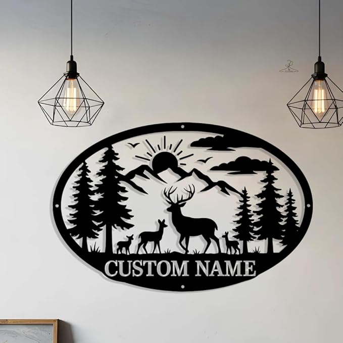 Personalized Deer Metal Sign, Custom Hunting Antler Wall Art Black Steel Plaque for Outdoor Christmas Decorations, Unique Birthday Gift for Men & Wildlife LoversLodge, Farmhouse