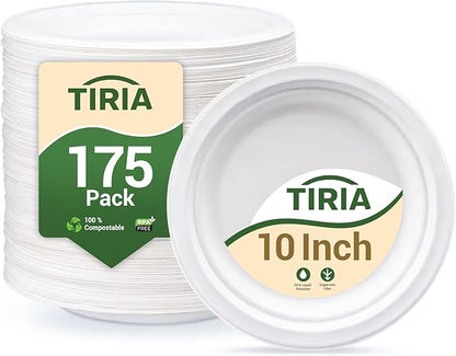 TIRIA Compostable Paper Plates 10 Inch [175 Pack], Biodegradable Sturdy Heavy Duty Paper Plates Bulk, Eco-Friendly Disposable Dinnerware for Parties, Lunch, Events, Picnics, Christmas & Thanksgiving