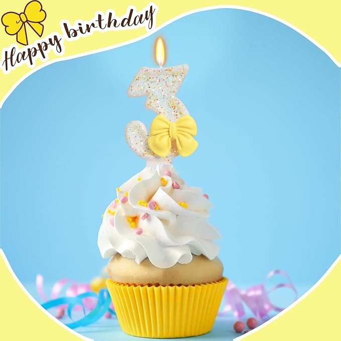 Birthday Candle for Cake, Yellow Bow Cake Candles, Cake Topper Decoration for Birthday Party (Number 3)
