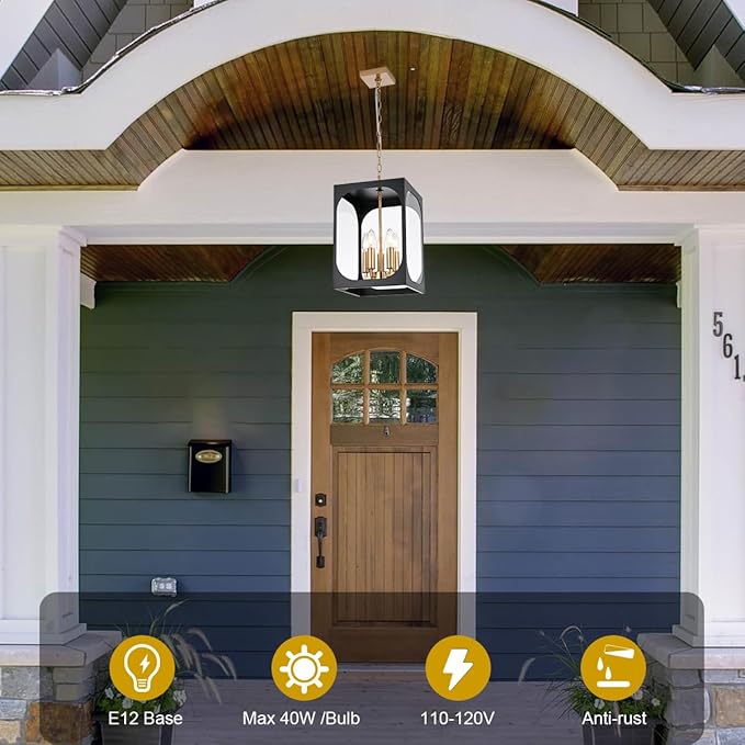 BONLICHT Large Outdoor Pendant Light Fixture 5 Light Modern Black Brass Outdoor Chandelier Porch Light with Clear Glass Exterior Pendant Lamp Ceiling Mount Hanging Lantern for Hallway Entrance Outside