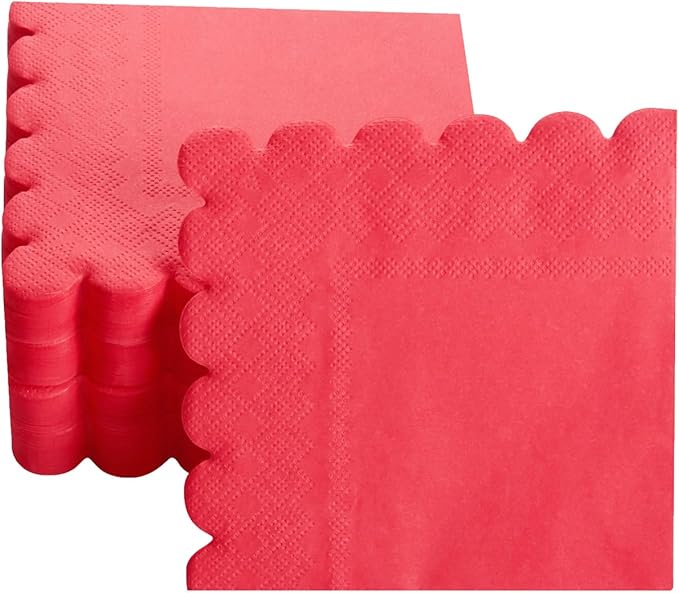 200 Pack Cocktail Napkin 2-Ply Scalloped Edged Dessert Napkins Folded 5 x 5 Inches Disposable Napkins for Dinner Wedding Birthday Party Bridal Anniversary Reception Event (Red)