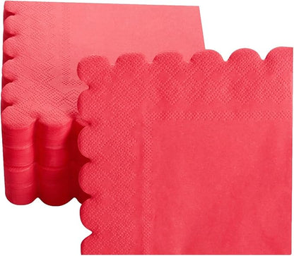 200 Pack Cocktail Napkin 2-Ply Scalloped Edged Dessert Napkins Folded 5 x 5 Inches Disposable Napkins for Dinner Wedding Birthday Party Bridal Anniversary Reception Event (Red)