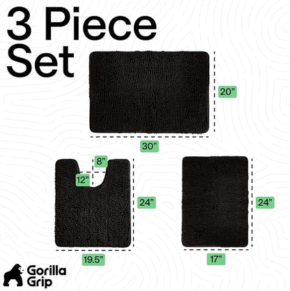 GORILLA GRIP Bathroom Rug Sets 3 Piece, Bath Mat Set and Oval Toilet Base with Rubber Backing, Plush Absorbent Shaggy Chenille Washable Mats, Includes 24x19.5, 24x17 and 30x20 Inch Rugs, Onyx