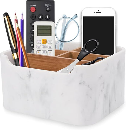 Remote Control Holder with Removable Wood Compartments for Media Devices, Desktop Stationery, and Bedside Nightstands,White