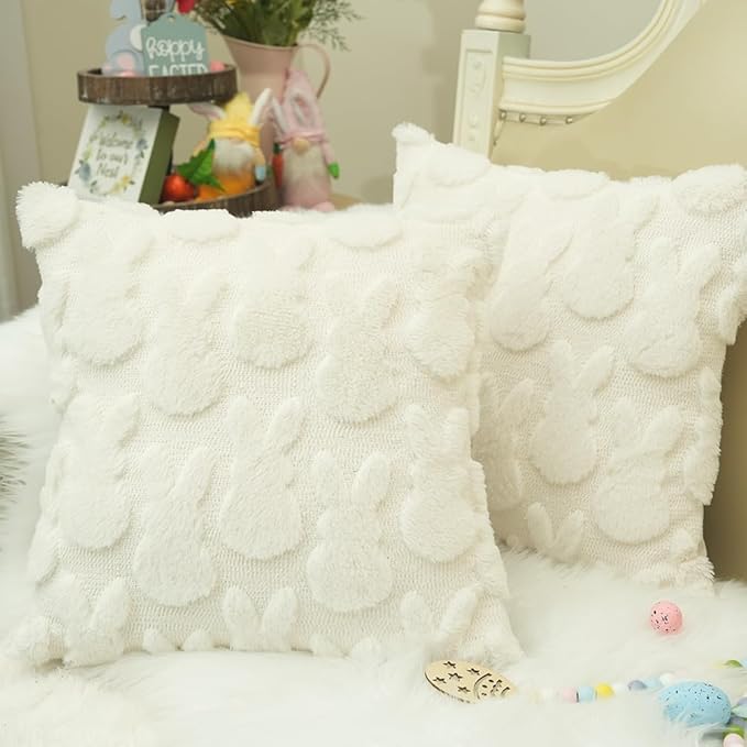 GEEORY Easter Bunny Soft Plush Pillow Covers, 20 x 20 Inch Set of 2, Fluffy Faux Fur Wool Decorative Farmhouse Cushion Case for Sofa Home Decoration Cream GC013-20