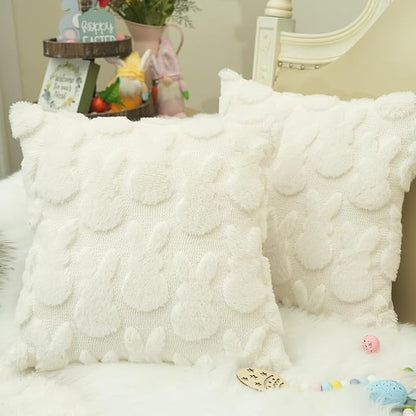 GEEORY Easter Bunny Soft Plush Pillow Covers, 20 x 20 Inch Set of 2, Fluffy Faux Fur Wool Decorative Farmhouse Cushion Case for Sofa Home Decoration Cream GC013-20