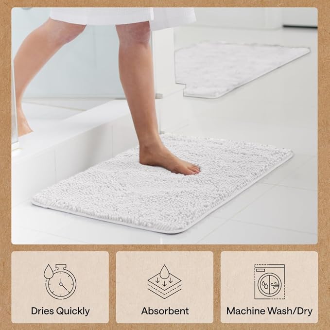 GORILLA GRIP Bath Rug Mat 48x17, Thick Soft Absorbent Chenille, Quick Dry Microfiber Mats, Rubber Backing Washable Shower Floor Rugs, Bathmat Runner, US Designed Bathroom Home Decor Accessories White