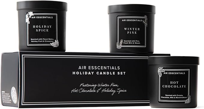 Air Esscentials Holiday Candle Set - Luxurious Winter Scented Candles | Winter Pine, Holiday Spice & Hot Chocolate | Hand-Poured in The USA | 15 Hour Burn Time per Candle | 5 oz (3 Pack)