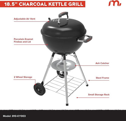 Megamaster 18" Portable Charcoal Barbecue Grill with Adjustable Air Vent, Storage Rack, 245 SQ. In Cooking Area, 2 Wheel Transport BBQ Grill for Camping, Outdoor Cooking, Patios, and More - 810-KY003
