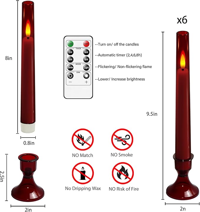 Lezonic Flameless Windows Candles Battery Operated with Timer Remote, 6Pcs Red Acrylic Flameless Candlesticks with Holders, LED Taper Candles Flickering for Halloween Christmas, 0.8 x 8 inches