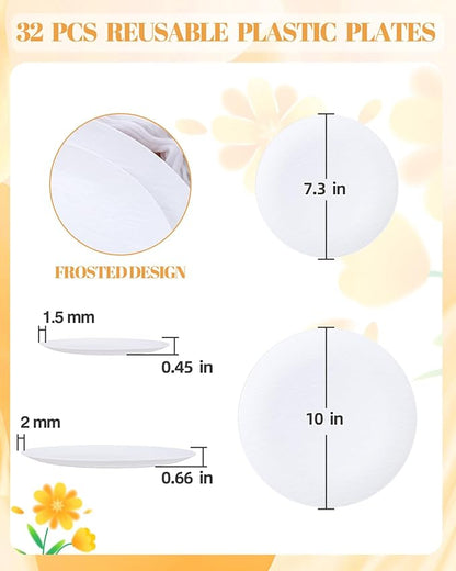 WONDERFUL 32pcs White Plastic Plates Reusable Unbreakable Dinnerware Set Dishes Set Dishwasher Safe Outdoor Plates Includes:16 Dinner 10" and 16 Dessert Plate 7.3" Ideal for Thanksgiving Christmas