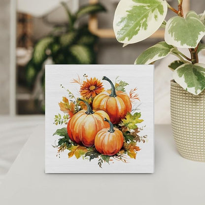 Fall Decor Farmhouse Pumpkins Wooden Box Sign Fall Harvest Decorations Rustic Home Desk Shelf Tabletop Decor 5 x 5 Inches