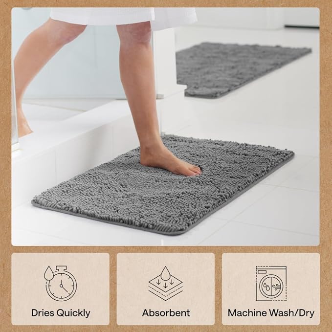 GORILLA GRIP Bath Rug Mat 54x24, Thick Soft Absorbent Chenille, Quick Dry Microfiber Mats, Rubber Backing Washable Shower Floor Rugs, Bathmat Runner, US Designed Bathroom Home Decor Accessories Grey