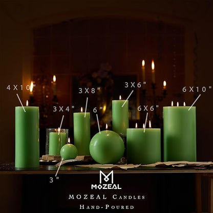 MOZEAL 3" x 6" Hand-Poured Unscented Candle,Dripless Pillar Candle Set of 3,Long Lasting Burning,Approx 120 Hours Burn Time,Rustic Country Style,for Wedding,Dinner,Christmas and Home Decor,Green
