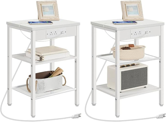 HOOBRO Side Tables Set of 2 with Charging Station and USB Port, Small End Tables for Small Space, 3-Tier Nightstands with Adjustable Shelf, for Living Room, Bedroom, White WW112BZP201