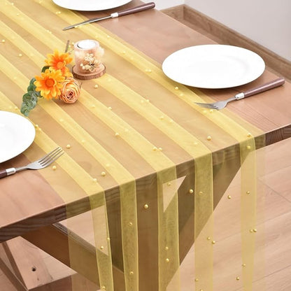 Yellow Pearl Fall Thanksgiving Table Runner Boho Rustic Tulle Lace Table Runner for Baby Shower Wedding Arch Decor Veil Dessert Table Decor