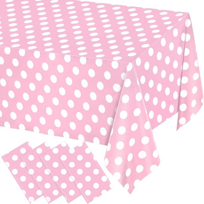 WNINK 4 Pack Light Pink and White Polka Dot Tablecloths, Pink Disposable Plastic Table Cover for Birthday, Wedding, Bachelor, Pink Girl Party, and Picnic Camping Parties 54" x 108"