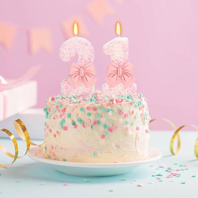 21st Birthday Candles for Cake, Pink Bow Number Cake Candles, 2.76 inch Number Happy Birthday Candle, Cake Topper Decoration for Birthday Party (Number 21)