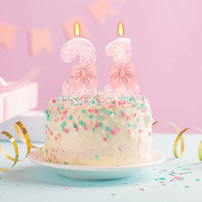 21st Birthday Candles for Cake, Pink Bow Number Cake Candles, 2.76 inch Number Happy Birthday Candle, Cake Topper Decoration for Birthday Party (Number 21)