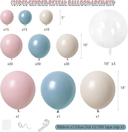 Gender Reveal Balloon Arch Kit 139Pcs Dusty Pink and Fog Blue Balloons White Sand Balloons for Boho Wedding Bride Anniversary Birthday Baby Shower Bridal Bear Theme Decorations