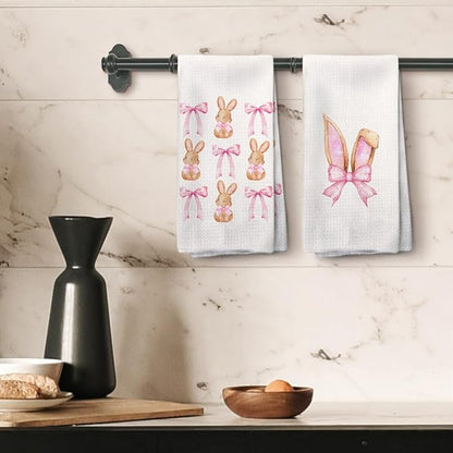 Coquette Pink Bow Easter Bunny Kitchen Towels Set of 2, CuteEaster Hand Towels, Easter Bunny Ears Dish Towels Dishcloths Tea Towels for Kitchen, EasterKitchen Bathroom Decor, 16x24 Inch