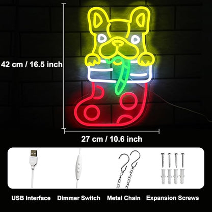 Christmas Stocking Dog Neon Sign Dimmable French Bulldog Neon Light Candy Cane LED Sign for Wall Cute Animal Neon Lights Signs for Bedroom Restaurant Pet Shop Party Christmas Decor