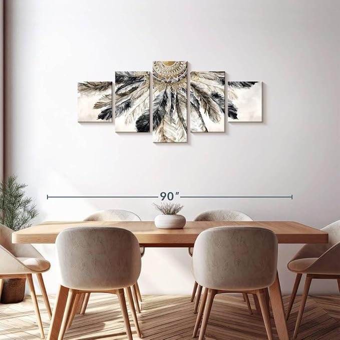 ElephantStock - Necklace Of Feathers Iii Wall Art - Horizontal Multi Panel Canvas - 5 Piece Living Room Wall Decor - Painting Multi Piece Wall Art - Brown And Gray Decor by Eva Watts - 68" x 30"
