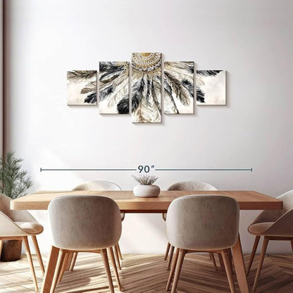 ElephantStock - Necklace Of Feathers Iii Wall Art - Horizontal Multi Panel Canvas - 5 Piece Living Room Wall Decor - Painting Multi Piece Wall Art - Brown And Gray Decor by Eva Watts - 68" x 30"