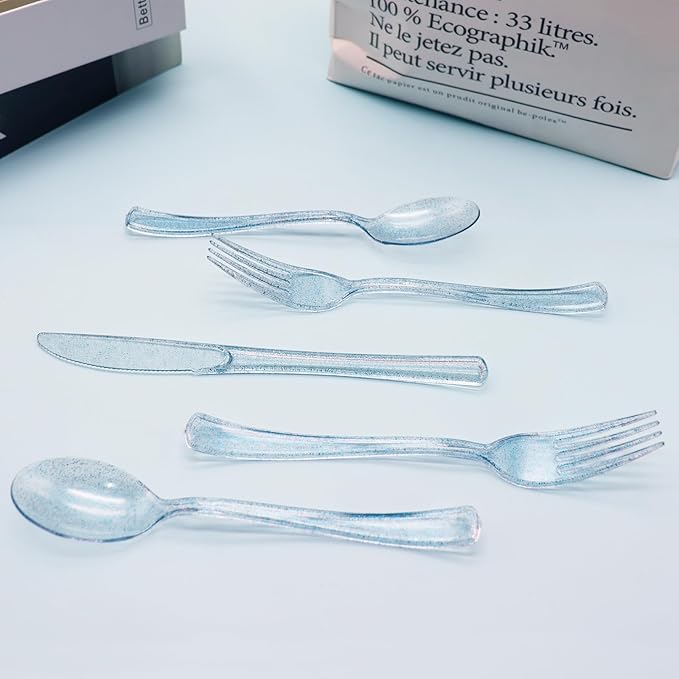 150 Pack Blue Plastic Silverware, Blue Glitter Silverware Plastic Utensils Set Includes 50 Forks, 50 Knives, 50 Spoons for Brithday, Baby Shower, Picnic