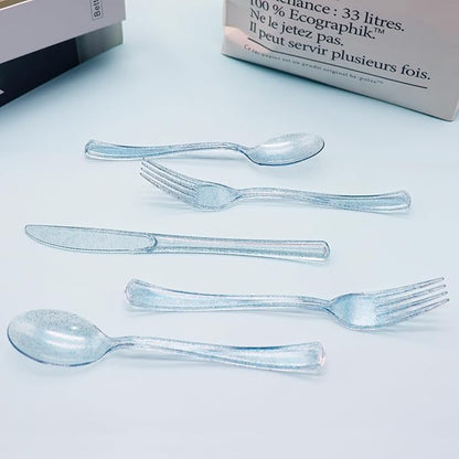 150 Pack Blue Plastic Silverware, Blue Glitter Silverware Plastic Utensils Set Includes 50 Forks, 50 Knives, 50 Spoons for Brithday, Baby Shower, Picnic