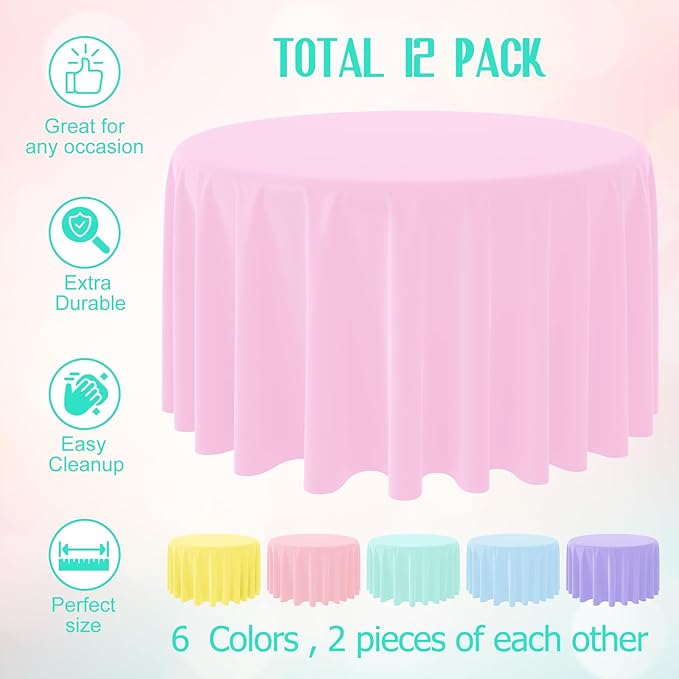 MASHAN 12Pcs Plastic Round Pastel Color Tablecloths,Mix Color Table Cloth Disposable Round Table Covers for Baby Shower, Wedding,Birthday Party,Spring Easter and Summer Party Decorations, 84 Inch