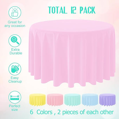MASHAN 12Pcs Plastic Round Pastel Color Tablecloths,Mix Color Table Cloth Disposable Round Table Covers for Baby Shower, Wedding,Birthday Party,Spring Easter and Summer Party Decorations, 84 Inch