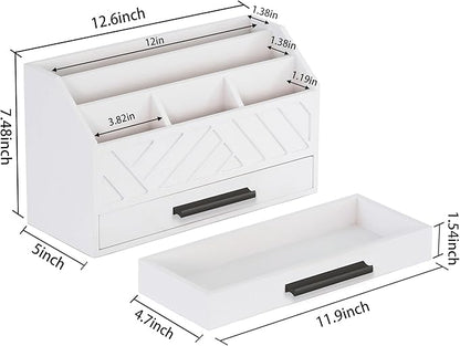 Wood Desk Organizer and Accessories with Drawer, Bill Mail Organizer and File Mail Holder for Office Supplies, Modern Desk Accessories & Workspace Organizers for Desk Organization