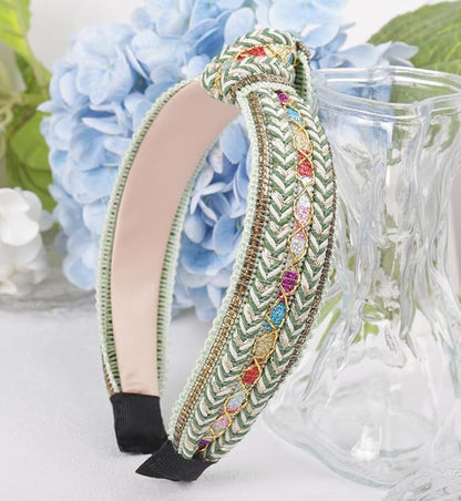 Women's Boho Top Knotted Braided Headbands for Women Non Slip, Girls Sparkly Wide Hair Accessories Christmas Gift (Boho Green Knot)