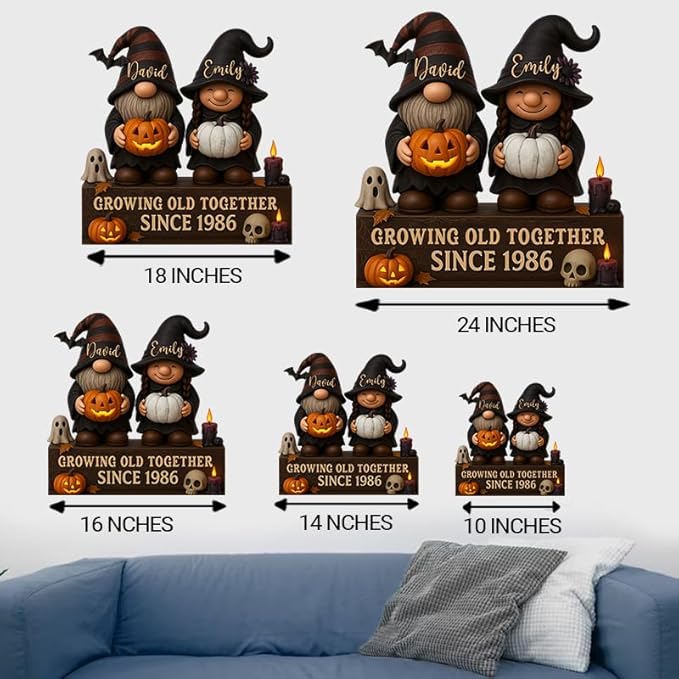 Growing Old Together Gnomes Halloween Wooden Sign, Gifts for Him Her Wife Husband, Custom Wood Plaque Couples Gift, Valentine Christmas Gift For Parents, Grandparents Gothic Decorations Sign 34
