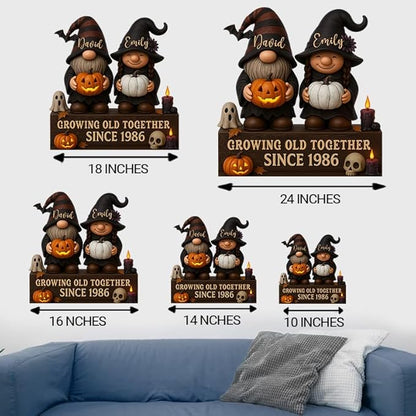 Growing Old Together Gnomes Halloween Wooden Sign, Gifts for Him Her Wife Husband, Custom Wood Plaque Couples Gift, Valentine Christmas Gift For Parents, Grandparents Gothic Decorations Sign 34