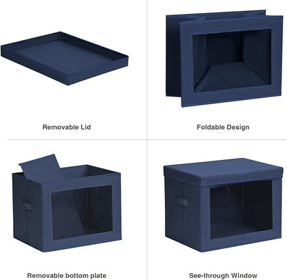 Stackable Storage Bins with Lids - Large Storage Box with Lids, Foldable Closet Boxes for Organizing, Wardrobe Clothes Organizer with Window, Cubes Bins for Living Room, 6 Pack, Navy Blue