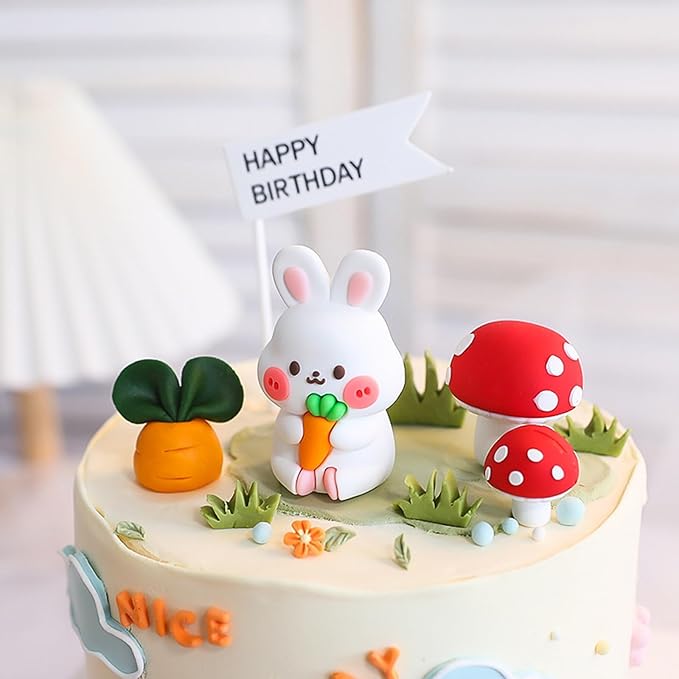 Cute Carrot Rabbit Theme Cake Topper Birthday Cake Decorations,Bunny Birthday Cake Toppers Cake Decor Mushrooms Carrots Cupcake Topper Jungle Animals Cupcake Toppers Birthday Party Supplies