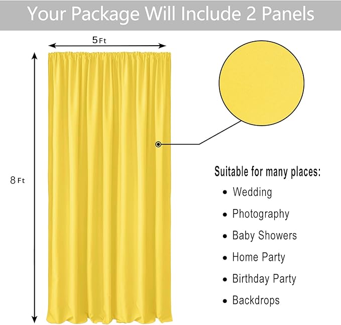 Hiasan Yellow Backdrop Curtains for Parties, Polyester Photography Backdrop Drapes for Family Gatherings, Wedding Decorations, 5ftx8ft, Set of 2 Panels