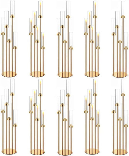 42.5in Gold Candelabra Centerpieces for Tables Candlestick Holders Decor Wedding Centerpiece Table Decorations 5 arm Candle Holder Set of 10 Acrylic lampshade Fit 0.9" LED Candle
