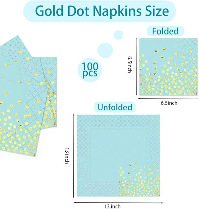 100 Pack 6.5x6.5 Inch Disposable Blue Gold Paper Napkins