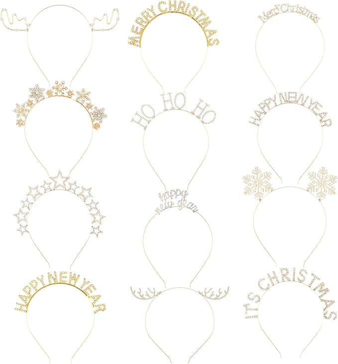 Yunlly 12 Pcs Christmas Headbands Set Rhinestone Xmas Headbands Cute Reindeer Antler Snowflake Star Headpiece Christmas Happy New Year Holiday Party Accessories for Women Girls