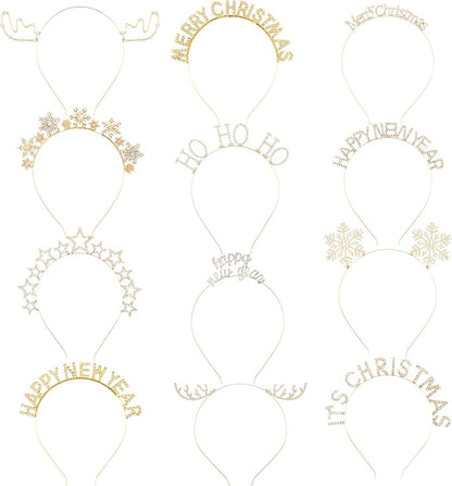 Yunlly 12 Pcs Christmas Headbands Set Rhinestone Xmas Headbands Cute Reindeer Antler Snowflake Star Headpiece Christmas Happy New Year Holiday Party Accessories for Women Girls