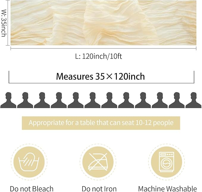 10 Pack Beige Cream Cheesecloth Table Runner 35x120 Inches, Farmhouse Rustic 10ft Gauze Cheese Cloth Table Runner for Wedding Banquets Bridal Shower Birthday Party Home Decor