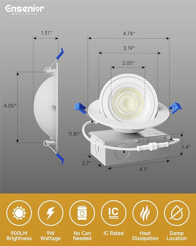 Ensenior 6 Pack 4 inch 5CCT LED Gimbal Led Recessed Light with Junction Box, 360°+90° Adjustable Directional Eyeball Lighting, Dimmable, 2700K/3000K/3500K/4000K/5000K, 900LM, 9W=85W, 120V-ETL&FCC