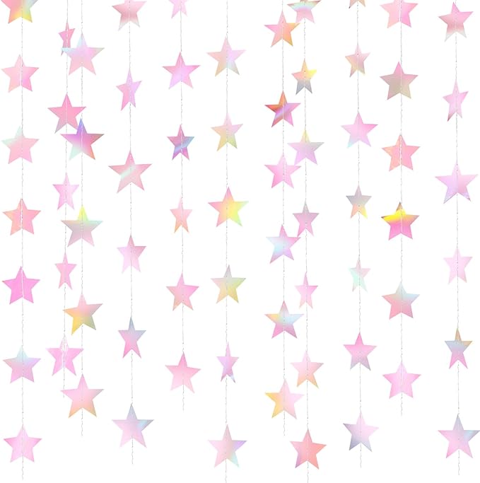 Patelai Glitter Star Garland Banner Christmas Decor 130 Feet Star Hanging Bunting Banner Twinkle Backdrop for Homecoming Classroom Wedding Birthday Halloween Party Supplies(Iridescent Pink)
