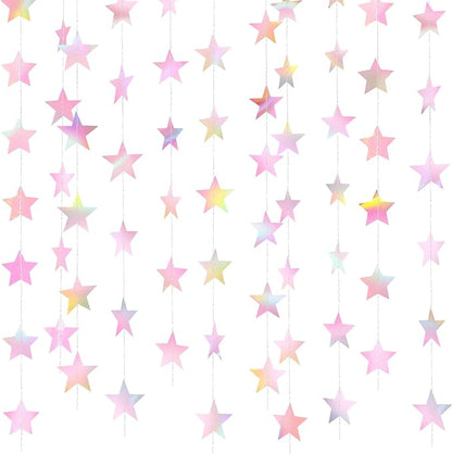 Patelai Glitter Star Garland Banner Christmas Decor 130 Feet Star Hanging Bunting Banner Twinkle Backdrop for Homecoming Classroom Wedding Birthday Halloween Party Supplies(Iridescent Pink)