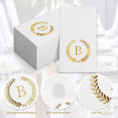 200 Pack Monogrammed Disposable Napkins Gold Foil Letter B Guest Napkins Initial Disposable Hand Paper Towels for Wedding Engagement Baby Shower Party Home Kitchen Bathroom Dinner Decorative Towels