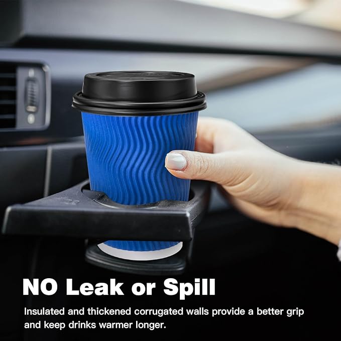Ginkgo Disposable To Go Coffee Cups with Lids 12 oz 100 Pack, Double Wall Ripple Insulated Blue Paper Cups for Hot Beverage, Chocolate, Cocoa and coffee